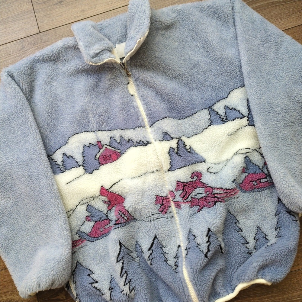 Vtg 90s Sled Dog Mountain Scene Fleece Jacket Blue Winter Landscape Tree Snow L
